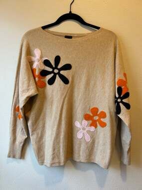 Aaeda Beige Retro Floral Applique Sweater S